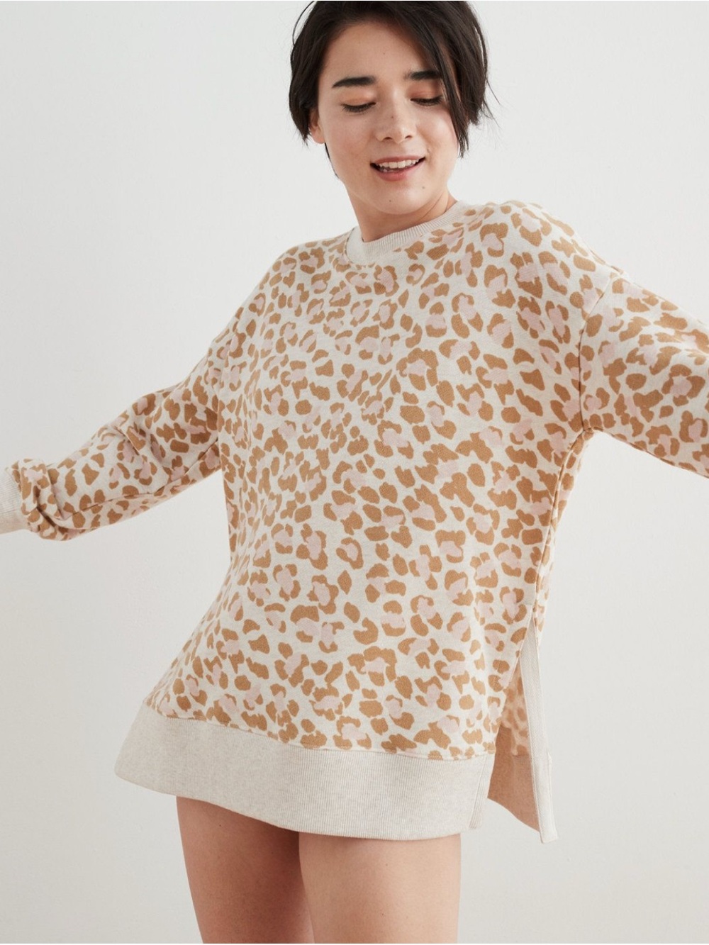 aerie Leopard-Spot Crewneck Sweater in Beige & Camel